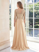 Sheath Boat Neck Satin 3/4 Sleeves Long Mother of the Bride Dresses