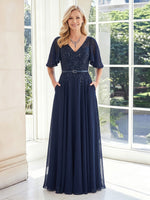 A Line V Neck Chiffon Half Sleeves Long Mother of the Bride Dresses