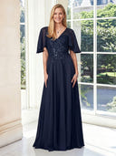 Chiffon A Line V Neck Half Sleeves Long Mother of the Bride Dresses