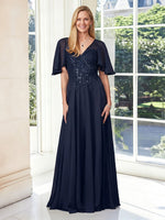 Chiffon A Line V Neck Half Sleeves Long Mother of the Bride Dresses