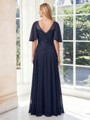 Chiffon A Line V Neck Half Sleeves Long Mother of the Bride Dresses