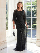 Tulle Sheath Boat Neck 3/4 Sleeves Long Mother of the Bride Dresses