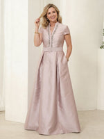 V Neck A Line Satin Short Sleeves Long Mother of the Bride Dresses