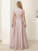 V Neck A Line Satin Short Sleeves Long Mother of the Bride Dresses