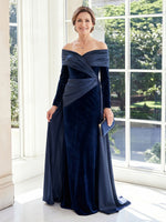 Satin A Line Off the Shoulder Long Sleeves Long Mother of the Bride Dresses