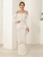 Sheath Off the Shoulder Satin Long Sleeves Long Mother of the Bride Dresses