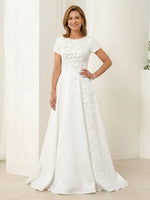 Satin A Line Scoop Neck Short Sleeves Long Mother of the Bride Dresses