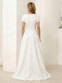 Satin A Line Scoop Neck Short Sleeves Long Mother of the Bride Dresses