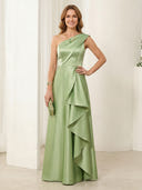One Shoulder Satin A Line Sleeveless Long Mother of the Bride Dresses