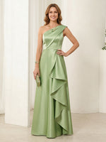 One Shoulder Satin A Line Sleeveless Long Mother of the Bride Dresses