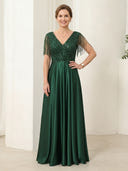 A Line Satin V Neck Short Sleeves Long Mother of the Bride Dresses