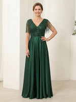 A Line Satin V Neck Short Sleeves Long Mother of the Bride Dresses