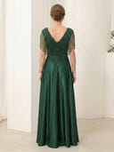 A Line Satin V Neck Short Sleeves Long Mother of the Bride Dresses