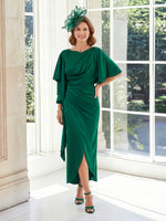 Sheath Boat Neck Satin Half Sleeves Long Mother of the Bride Dresses
