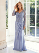 V Neck Sheath Satin Long Sleeves Long Mother of the Bride Dresses