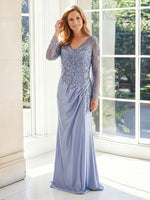 V Neck Sheath Satin Long Sleeves Long Mother of the Bride Dresses