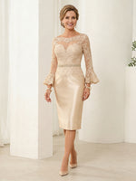 Boat Neck Sheath Satin Long Sleeves Long Mother of the Bride Dresses