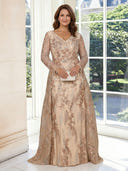 Chiffon A Line V Neck Long Sleeves Flower Sequin Long Mother of the Bride Dresses