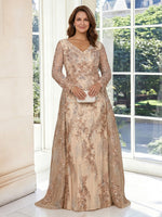 Chiffon A Line V Neck Long Sleeves Flower Sequin Long Mother of the Bride Dresses