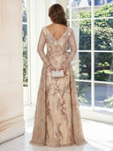 Chiffon A Line V Neck Long Sleeves Flower Sequin Long Mother of the Bride Dresses