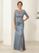 Satin Sheath 3/4 Sleeves Scoop Neck Lace Applique Long Mother of the Bride Dresses
