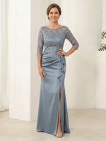 Satin Sheath 3/4 Sleeves Scoop Neck Lace Applique Long Mother of the Bride Dresses