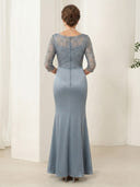 Satin Sheath 3/4 Sleeves Scoop Neck Lace Applique Long Mother of the Bride Dresses