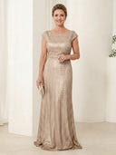 Boat Neck Sequin Mermaid Short Sleeves Long Mother of the Bride Dresses