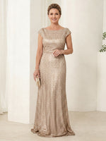 Boat Neck Sequin Mermaid Short Sleeves Long Mother of the Bride Dresses