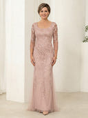 Tulle Mermaid 3/4 Sleeves Square Neck Lace Applique Long Mother of the Bride Dresses
