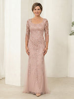 Tulle Mermaid 3/4 Sleeves Square Neck Lace Applique Long Mother of the Bride Dresses