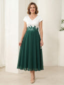 A Line Chiffon Short Sleeves V Neck Long Mother of the Bride Dresses