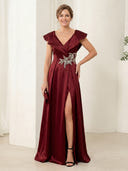 A Line Satin Short Sleeves V Neck Long Mother of the Bride Dresses with Slit
