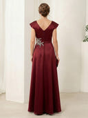 A Line Satin Short Sleeves V Neck Long Mother of the Bride Dresses with Slit