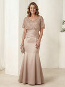 Satin Mermaid Short Sleeves V Neck Long Mother of the Bride Dresses