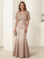 Satin Mermaid Short Sleeves V Neck Long Mother of the Bride Dresses