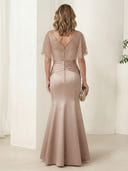 Satin Mermaid Short Sleeves V Neck Long Mother of the Bride Dresses