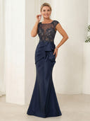 Satin Mermaid Boat Neck Sleeveless Long Mother of the Bride Dresses with Ruffles