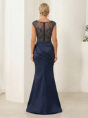 Satin Mermaid Boat Neck Sleeveless Long Mother of the Bride Dresses with Ruffles