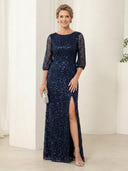 Sequin Mermaid Boat Neck Long Sleeves Long Mother of the Bride Dresses with Slit