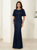 Sequin Mermaid Boat Neck Short Sleeves Long Mother of the Bride Dresses