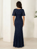 Sequin Mermaid Boat Neck Short Sleeves Long Mother of the Bride Dresses