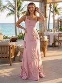 Satin Mermaid Square Neck Spaghetti Straps Long Prom Dresses with 3D Flower