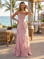 Satin Mermaid Square Neck Spaghetti Straps Long Prom Dresses with 3D Flower