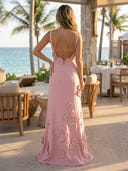 Satin Mermaid Square Neck Spaghetti Straps Long Prom Dresses with 3D Flower