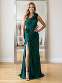 Satin Mermaid One Shoulder Long Prom Dresses with Slit