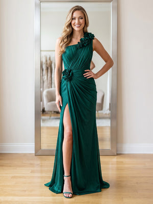 Satin Mermaid One Shoulder Long Prom Dresses with Slit
