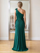 Satin Mermaid One Shoulder Long Prom Dresses with Slit