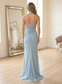 Sequin Mermaid Strapless Sleeveless Long Prom Dresses with Slit