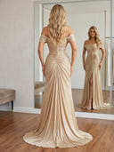 Satin Mermaid Off Shoulder Long Prom Dresses with Slit